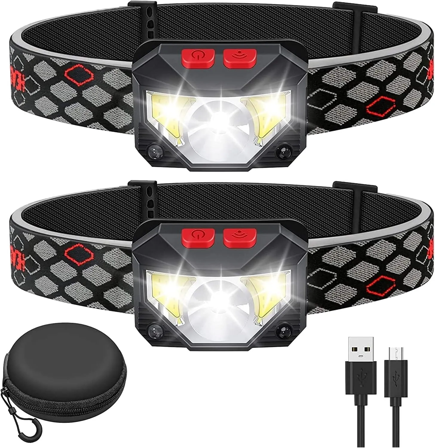 1000 Lumen Super Bright LED Rechargeable Headlamp with White Red Light, 2-Pack Waterproof Motion Sensor Headlights, 8 Modes for Outdoor Camping Cycling Running Fishing