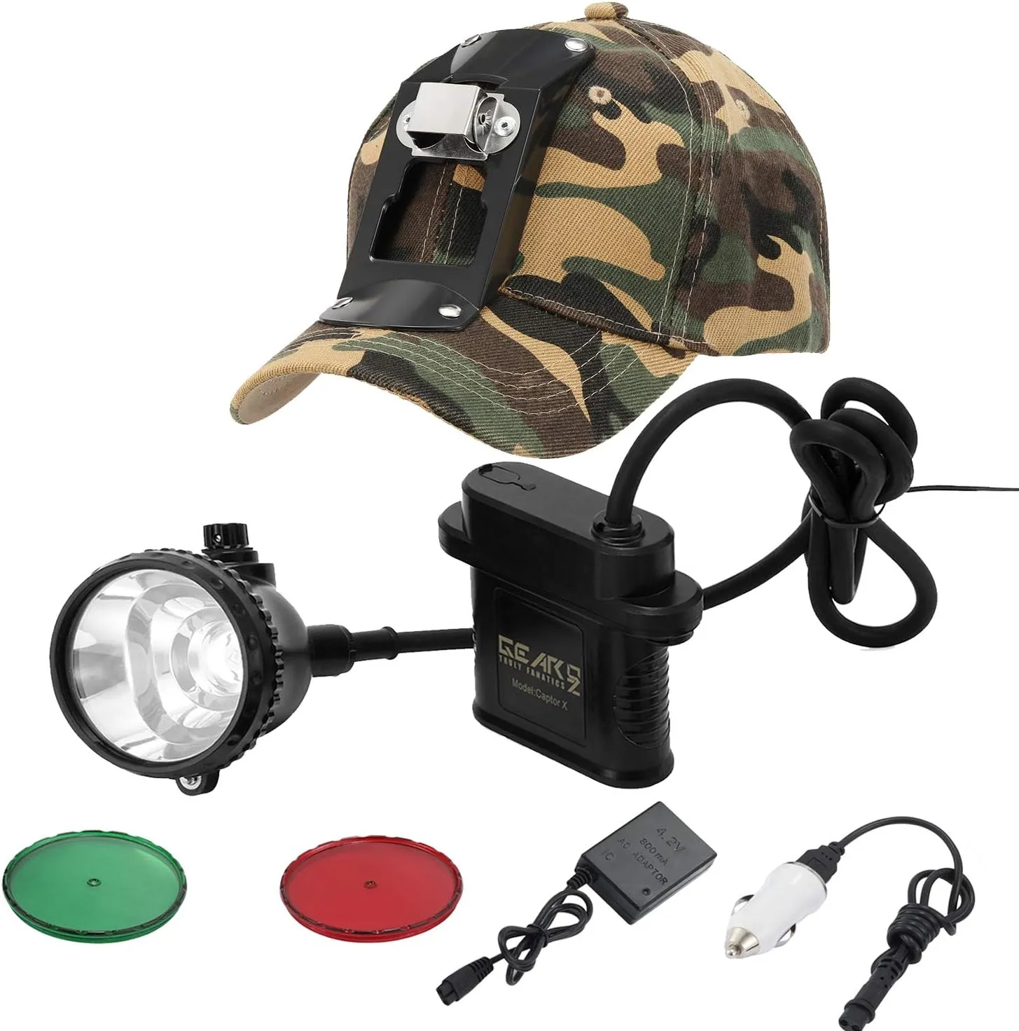 10W LED Coon Hunting Lights for Predator Coyote Hog, 15000 LUX Super Bright Hunting Headlamp Rechargeable, IPX5 Waterproof White Light & Red/Green Optical Filters, 5 Position Switch Soft Cap
