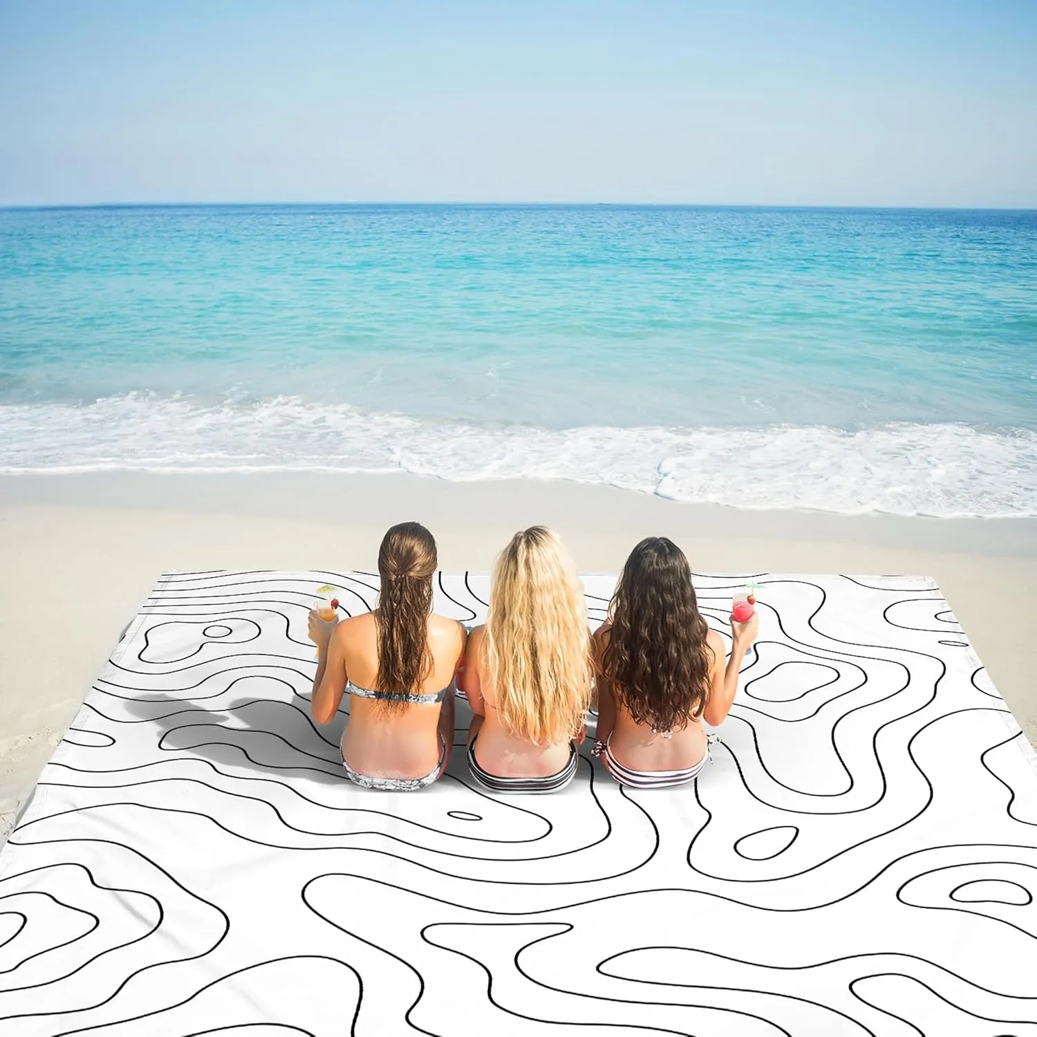 110''×118'' Oversized Beach Blanket for 4-8 Adults, White Waterproof Sandproof Picnic Blanket, Lightweight Foldable Sand Free Outdoor Mat w/ 4 Stakes & Portable Carry Bag for Travel, Camping, Hiking