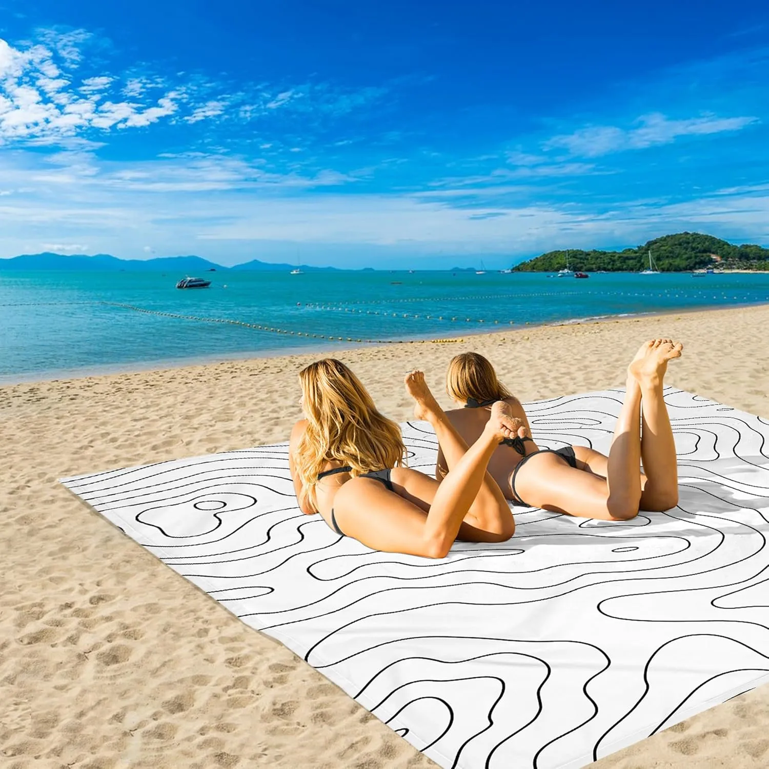 110''×118'' Oversized Beach Blanket for 4-8 Adults, White Waterproof Sandproof Picnic Blanket, Lightweight Foldable Sand Free Outdoor Mat w/ 4 Stakes & Portable Carry Bag for Travel, Camping, Hiking