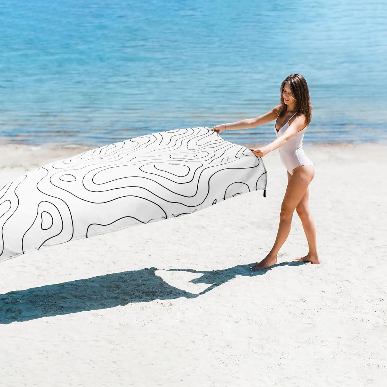 110''×118'' Oversized Beach Blanket for 4-8 Adults, White Waterproof Sandproof Picnic Blanket, Lightweight Foldable Sand Free Outdoor Mat w/ 4 Stakes & Portable Carry Bag for Travel, Camping, Hiking