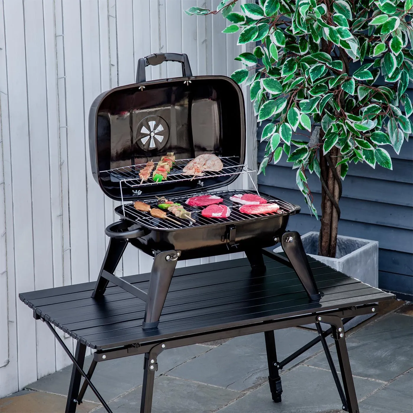 14" Portable Charcoal Grill, Tabletop Small BBQ Grill for Outdoor Cooking, Camping Patio Backyard, Tailgating, Enamel Coated, Vent, Folding Legs, Black