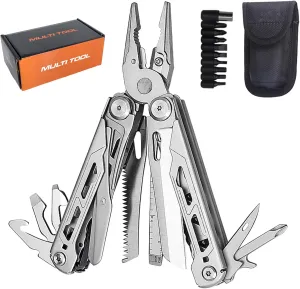 18-in-1 Stainless Steel Multitool Pliers with 9 Bits, Non-Slip Grip & Locking Mechanism for EDC, Camping, DIY (Silver)