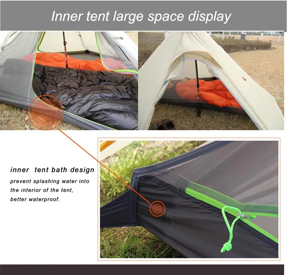 2-3 Person Camp Tent Watrerproof Ultralight Lightweight 20D Backpacking Camping Tent for Outdoor Hiking Trekking Avaible (Trekking Pole is NOT Included)