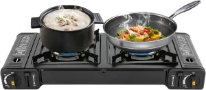 2 Burner Butane Gas Cooktop, Butane Camping Portable LPG Gas Stove with Carrying Case and Safety Locking, Auto Ignition Alu Countertop for RV Apartments Outdoor