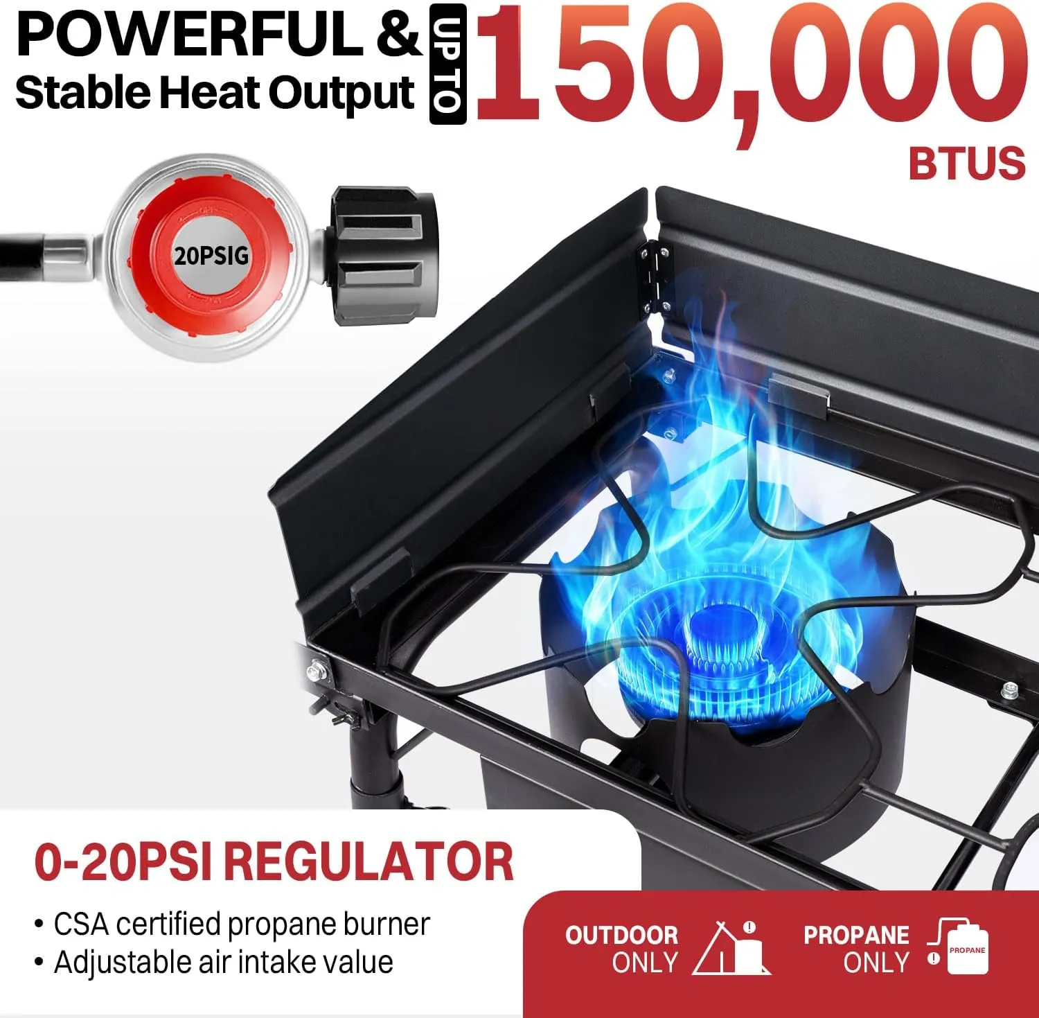 2 Burner Outdoor Propane Stove | 150,000 BTU High-Pressure Gas Cooker with Side Shelves Windscreen Waterproof Stove Cover & Detachable Legs | Ideal for Camping & Backyard Cooking