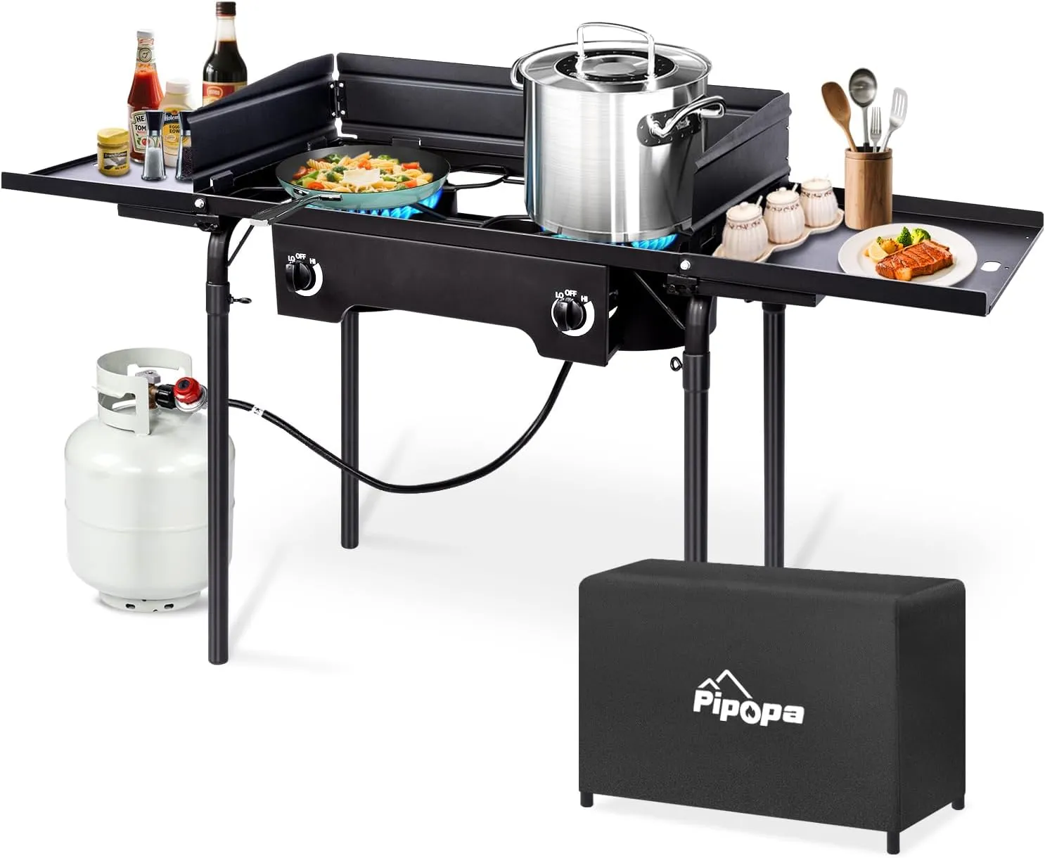 2 Burner Outdoor Propane Stove | 150,000 BTU High-Pressure Gas Cooker with Side Shelves Windscreen Waterproof Stove Cover & Detachable Legs | Ideal for Camping & Backyard Cooking
