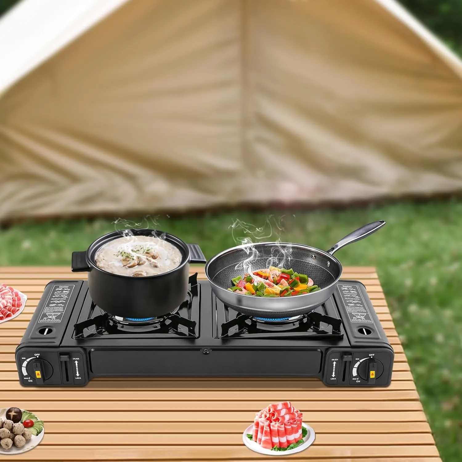2-Burner Portable Camping Stove Butane Camping Stove Double Burner Butane Stove for Outdoor Cooking Propane Adapter Hose and Carrying Case for Camping BBQ