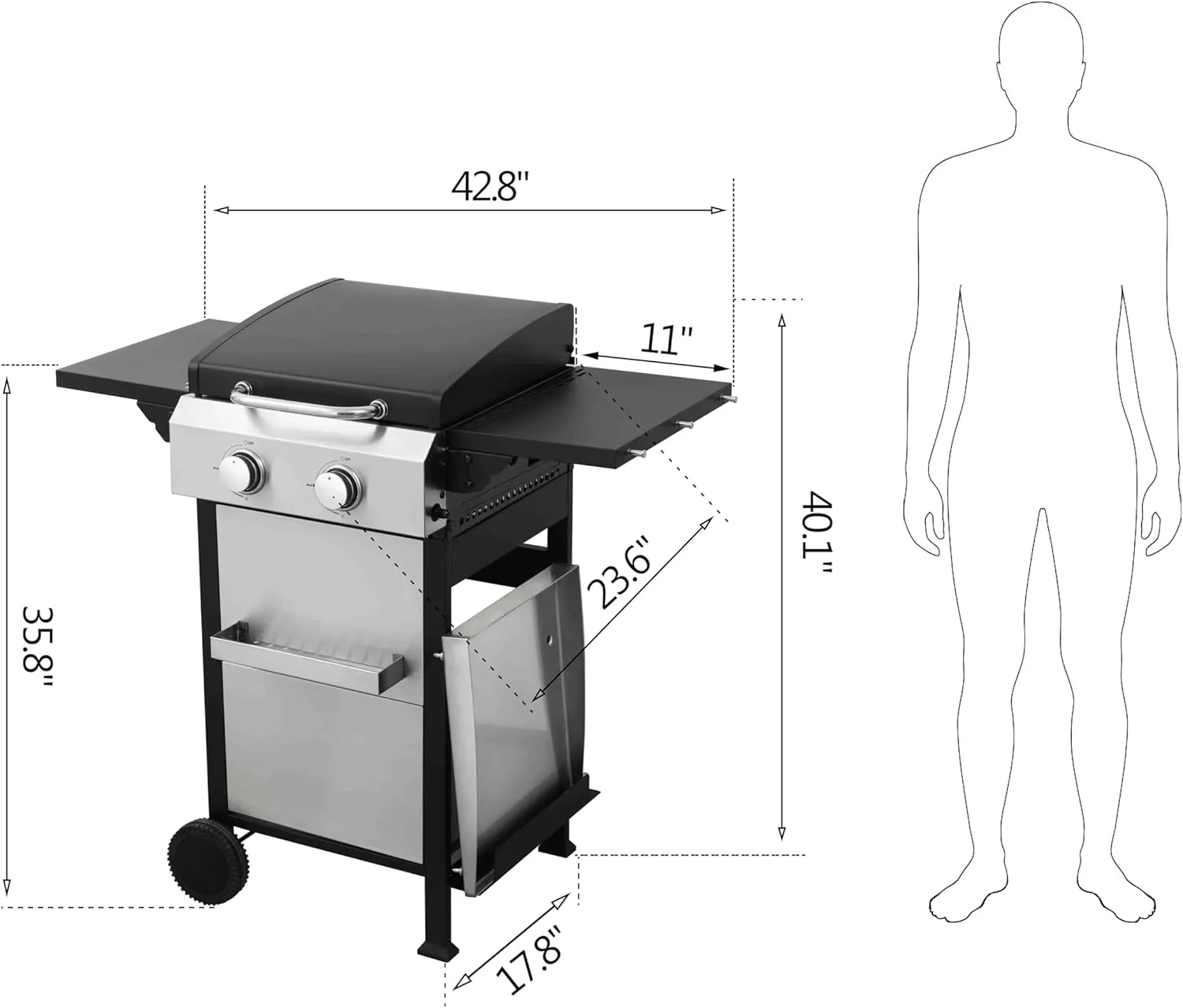 2-Burner Propane Gas BBQ Grill, 24600BTUStainless Steel Barbecue Grill with Wire Enamel Cooking Grids, Foldable Side Table, Hanging Basket, SS Plancha, Suitable for Patio, Camping, Outdoor Cooking