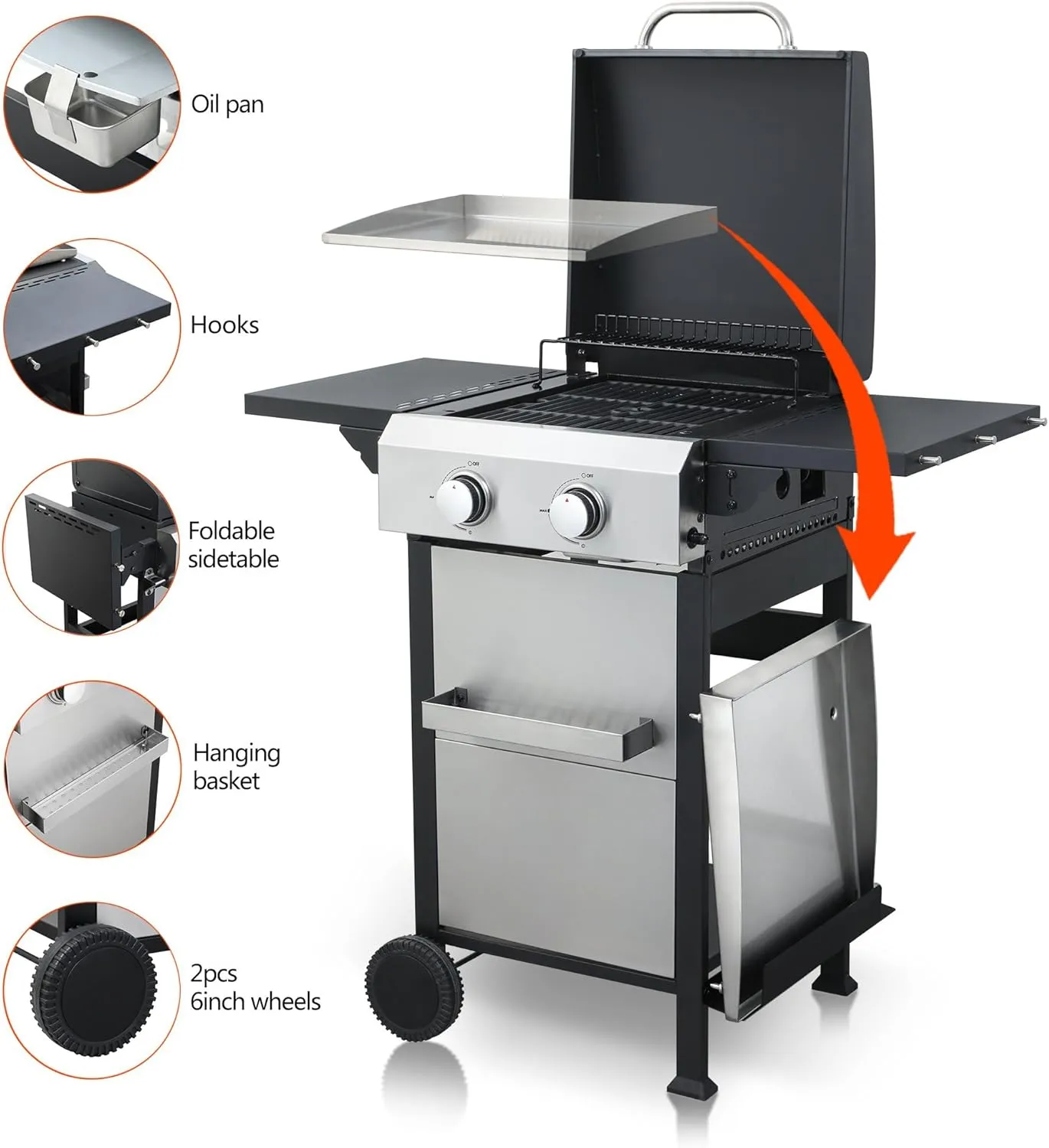 2-Burner Propane Gas BBQ Grill, 24600BTUStainless Steel Barbecue Grill with Wire Enamel Cooking Grids, Foldable Side Table, Hanging Basket, SS Plancha, Suitable for Patio, Camping, Outdoor Cooking