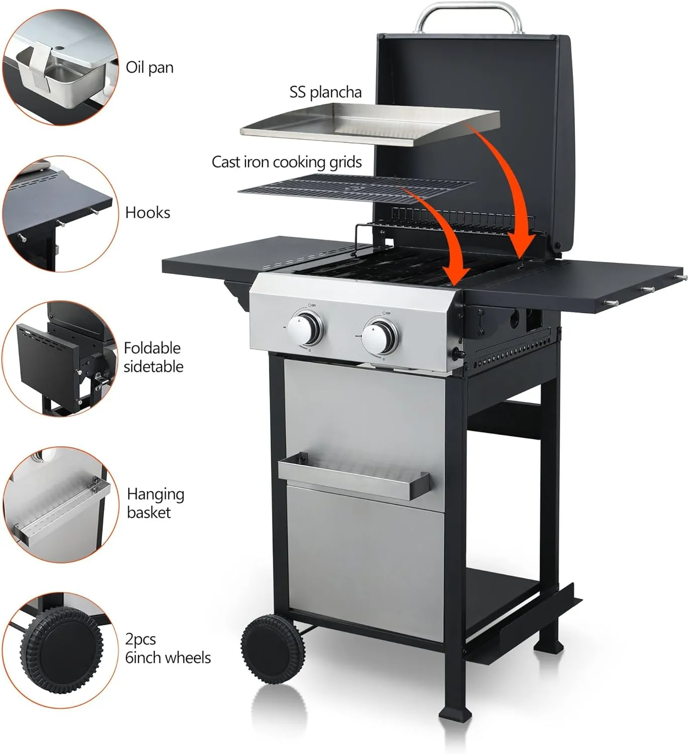 2-Burner Propane Gas BBQ Grill, 24600BTUStainless Steel Barbecue Grill with Wire Enamel Cooking Grids, Foldable Side Table, Hanging Basket, SS Plancha, Suitable for Patio, Camping, Outdoor Cooking