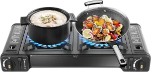 2- Burners Butane Stove, Portable Camping Stove with Carrying Case, Auto Ignition Camping Burner LPG - 2* 3924 BTU Emergency Cooking Stove Perfect for RV, Apartments,Camping, Hiking (With Grill Tray)