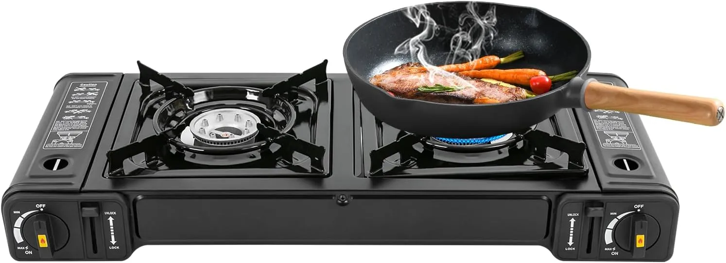 2 Burners Camping Stove, Outdoor Gas Stove, Auto Ignition Double Camping Burner LPG with Grill Tray for RV, Apartments, Outdoor