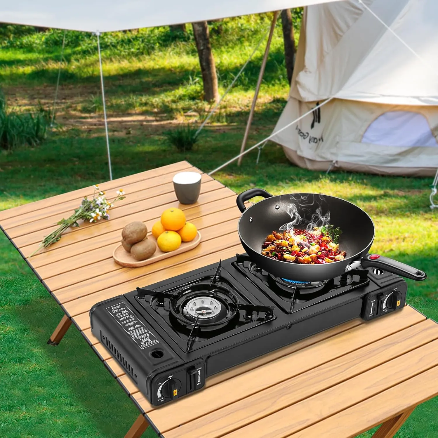 2 Burners Portable Camping Stove Butane Gas Stove Double Burners Outdoor Propane Stove for Travel Camp Hiking (Without Grill pan)