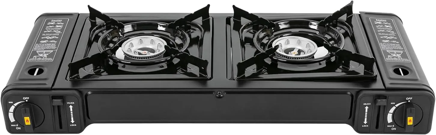 2 Burners Portable Camping Stove with Grill Pan, High Pressure Double Propane Burner Outdoor Camping Stove, 3924 BTU Portable Butane Gas Stove, for Outdoor, Barbecue Grilling, Tailgating, Hiking