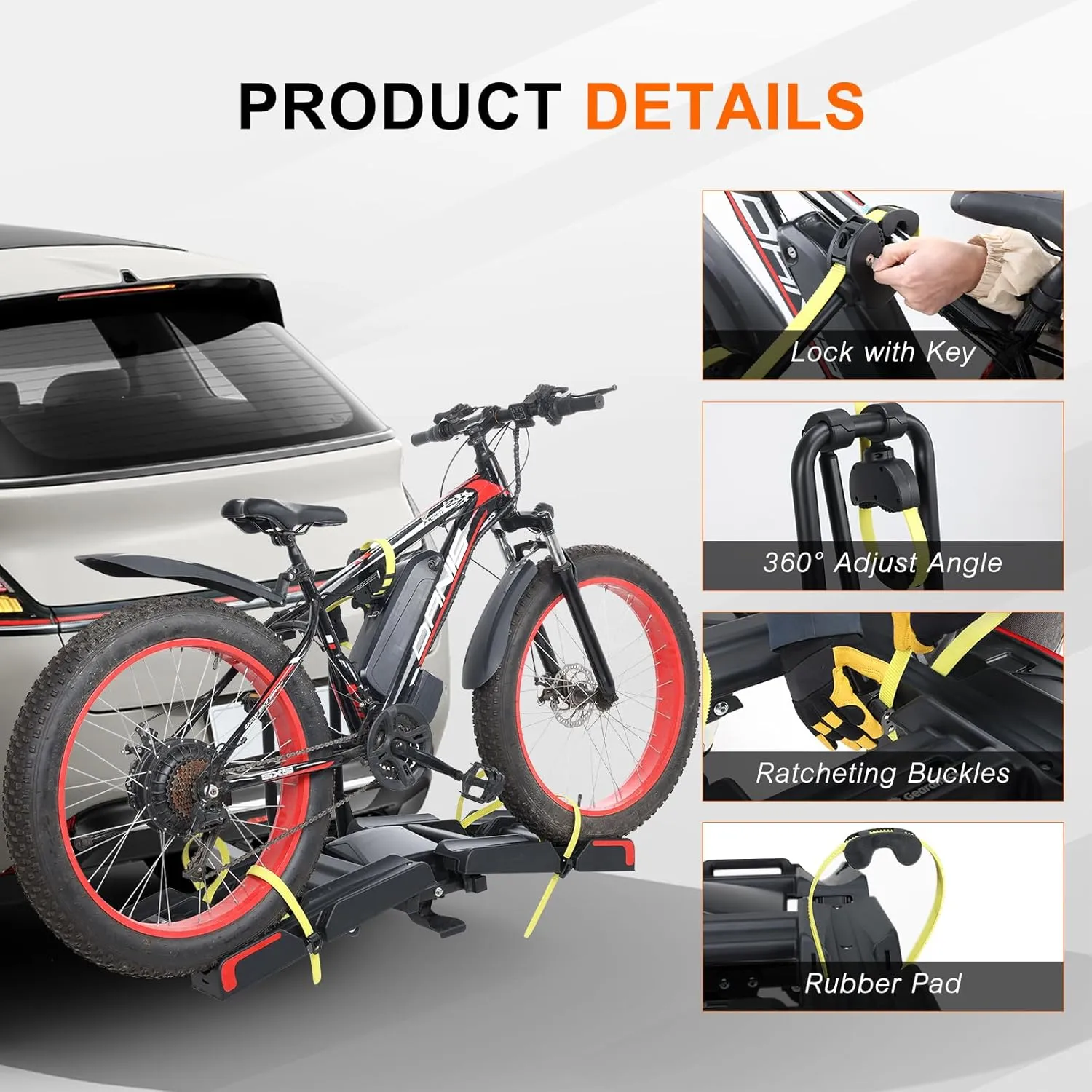2 E-Bike Foldable Hitch Mount Bike Rack for 2" Receiver SUV & Trucks, Up to 4'' Fat Tire, Lockable Hitch Racks for E-Bike with Ramp and Wheels, 200 LBS Capacity