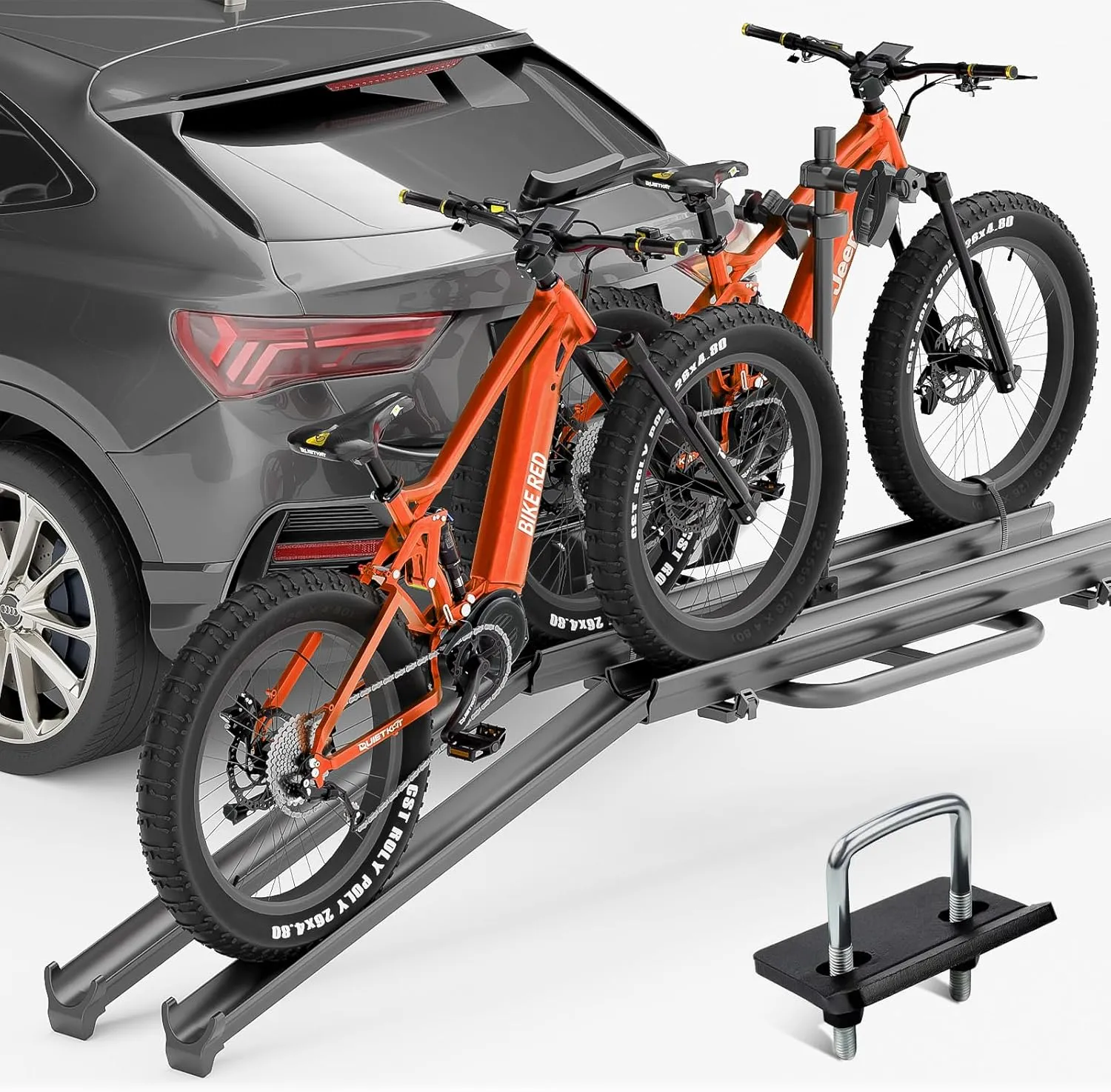2 EBike Rack up to 5" with Ramp, Foldable & Lockable Bike Racks, 200 LBS Capacity Fat Tire Carrier, Electric Bicycles Racks Platform for Standard, Fits 2" Hitch for SUVs Cars Trucks Vans