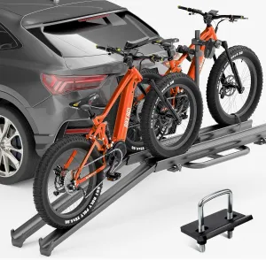 2 EBike Rack up to 5" with Ramp, Foldable & Lockable Bike Racks, 200 LBS Capacity Fat Tire Carrier, Electric Bicycles Racks Platform for Standard, Fits 2" Hitch for SUVs Cars Trucks Vans