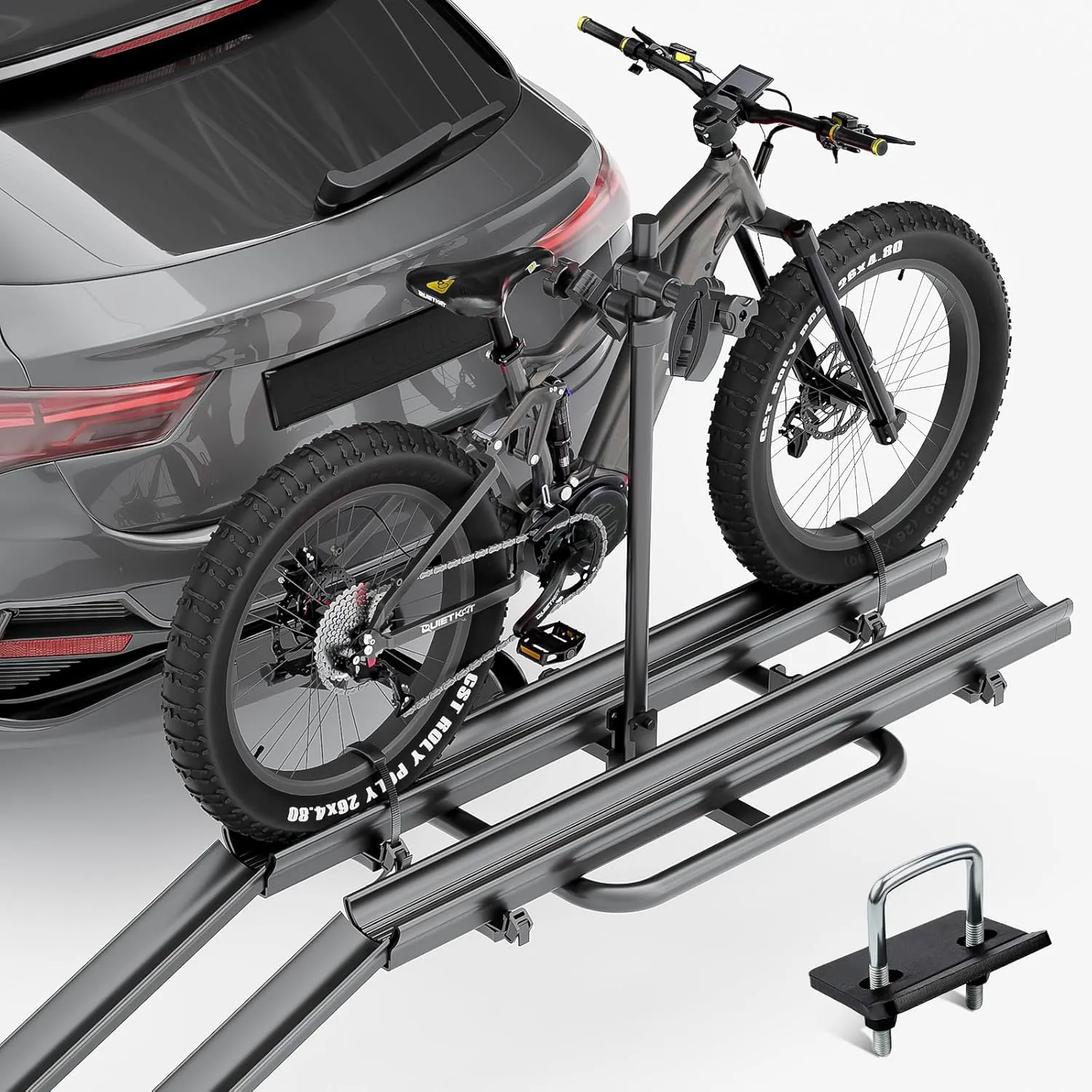 2 EBike Rack up to 5" with Ramp, Lockable & Foldable Bike Racks, 200 LBS Capacity Fat Tire Carrier, Electric Bicycles Racks Platform for Standard, Fits 2" Hitch for SUVs Cars Trucks Vans