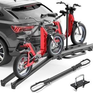 2 EBike Rack with Cross Bar, 200 LBS Capacity Bike Racks with Ramp, 5" Fat Tire Carrier, Lockable & Foldable Electric Bicycle Racks Platform, Fits 2" Standard Hitch for SUVs Trucks Vans Cars