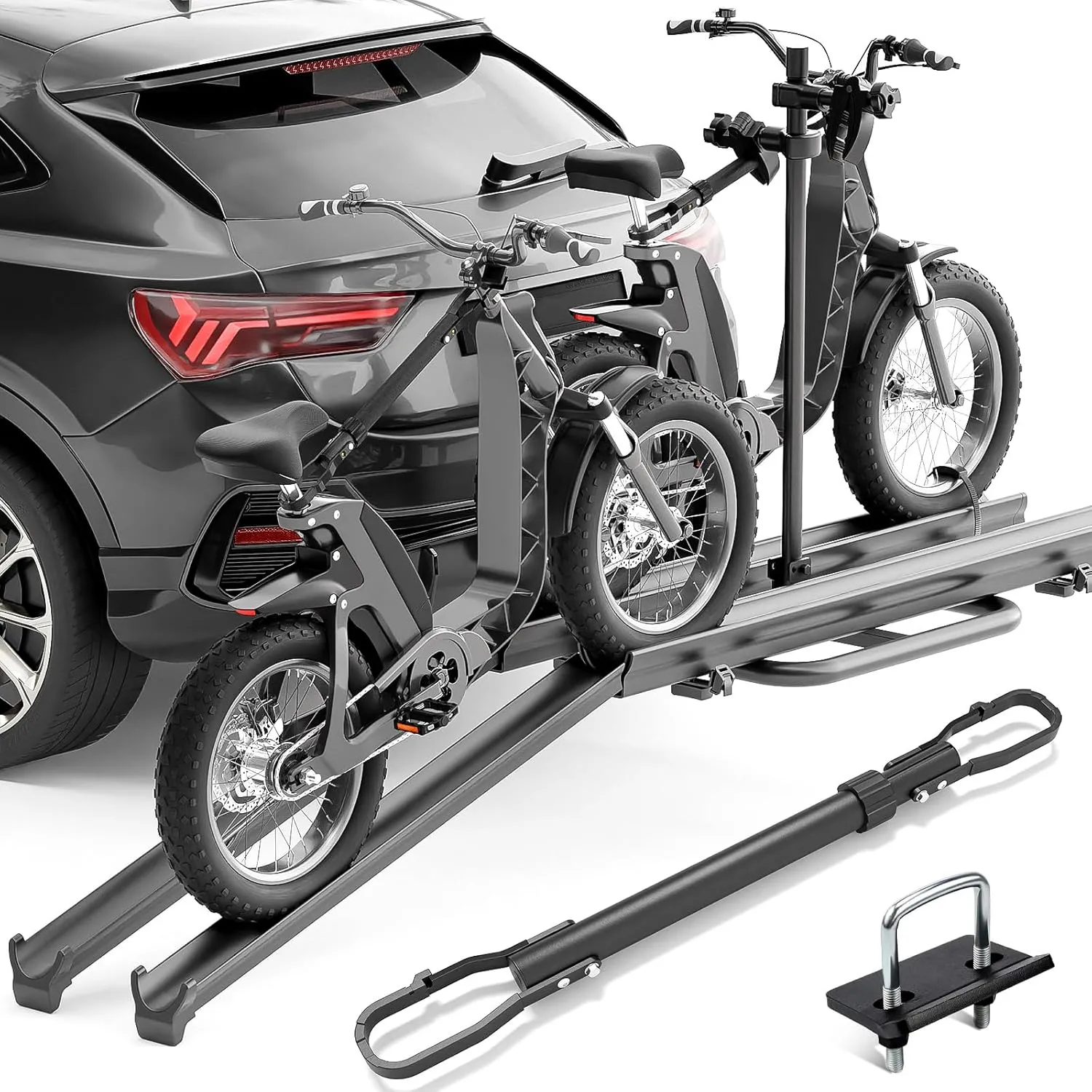 2 EBike Rack with Cross Bar, 5" Fat Tire Carrier, Lockable & Foldable Bike Racks with Ramp, 200 LBS Capacity Electric Bicycle Racks Platform, Fits 2" Standard Hitch for SUVs Cars Trucks Vans
