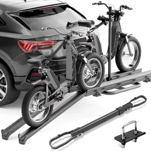 2 EBike Rack with Cross Bar, 5" Fat Tire Carrier, Lockable & Foldable Bike Racks with Ramp, 200 LBS Capacity Electric Bicycle Racks Platform, Fits 2" Standard Hitch for SUVs Cars Trucks Vans