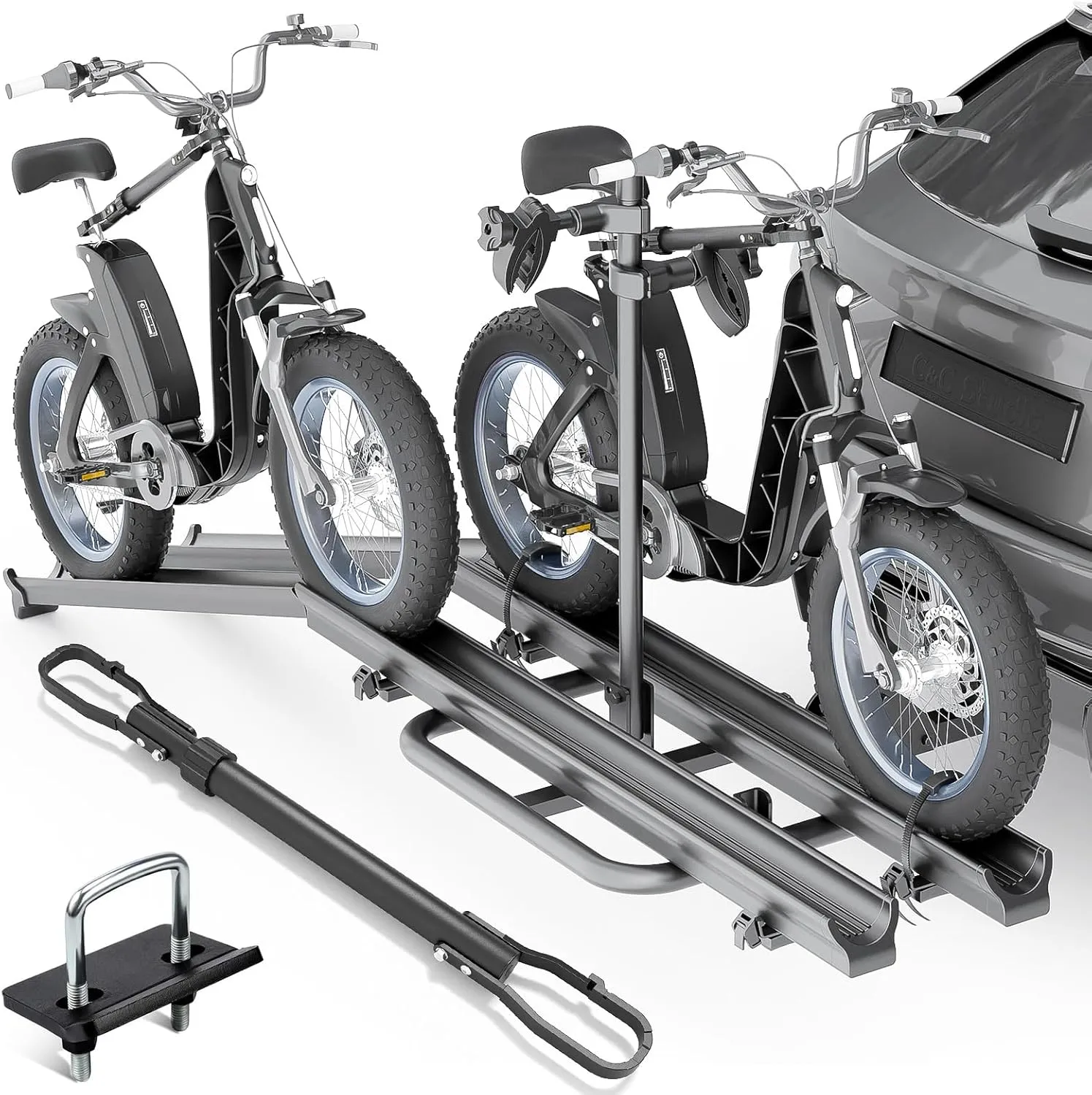 2 EBike Rack with Cross Bar, 5" Fat Tire Carrier with Ramp, 200 LBS Capacity Bike Racks, Lockable & Foldable Electric Bicycle Racks Platform, Fits 2" Standard Hitch for SUVs Cars Trucks Vans