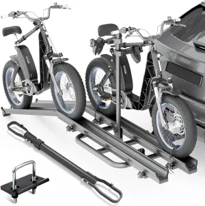2 EBike Rack with Cross Bar, 5" Fat Tire Carrier with Ramp, 200 LBS Capacity Bike Racks, Lockable & Foldable Electric Bicycle Racks Platform, Fits 2" Standard Hitch for SUVs Cars Trucks Vans