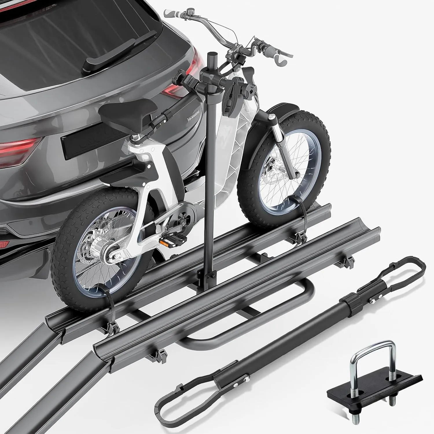 2 EBike Rack with Cross Bar & Ramp, 5" Fat Tire Bike Carrier, 200 LBS Capacity Foldable & Lockable Bike Racks, Electric Bicycle Racks Platform Fits 2" Standard Hitch for Trucks SUVs Cars Vans
