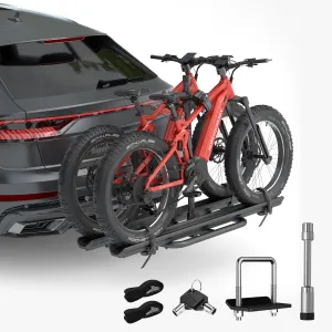 2 EBike Rack with Ramp, 2'' Hitch Mounted Lockable Bike Racks, 200lbs Capacity Foldable Platform, Up to 5'' Fat Tire Carrier for Standard and Electric Bicycles for Car SUV Truck RV