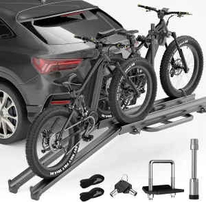 2 EBike Rack with Ramp, 2" Hitch Mounted Lockable & Foldable Bike Racks, Up to 5'' Fat Tire Carrier for Standard and Electric Bicycles, 200lbs Capacity E-Bike Rack for SUVs Cars Trucks Van RV