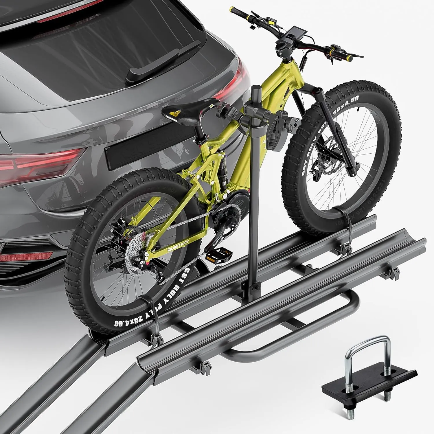 2 EBike Rack with Ramp, up to 4.4" Fat Tire Carrier, 200 LBS Capacity Electric Bicycles Racks, Lockable & Foldable Bike Racks Platform for Standard, Fits 2" Hitch for SUVs Cars Trucks Vans