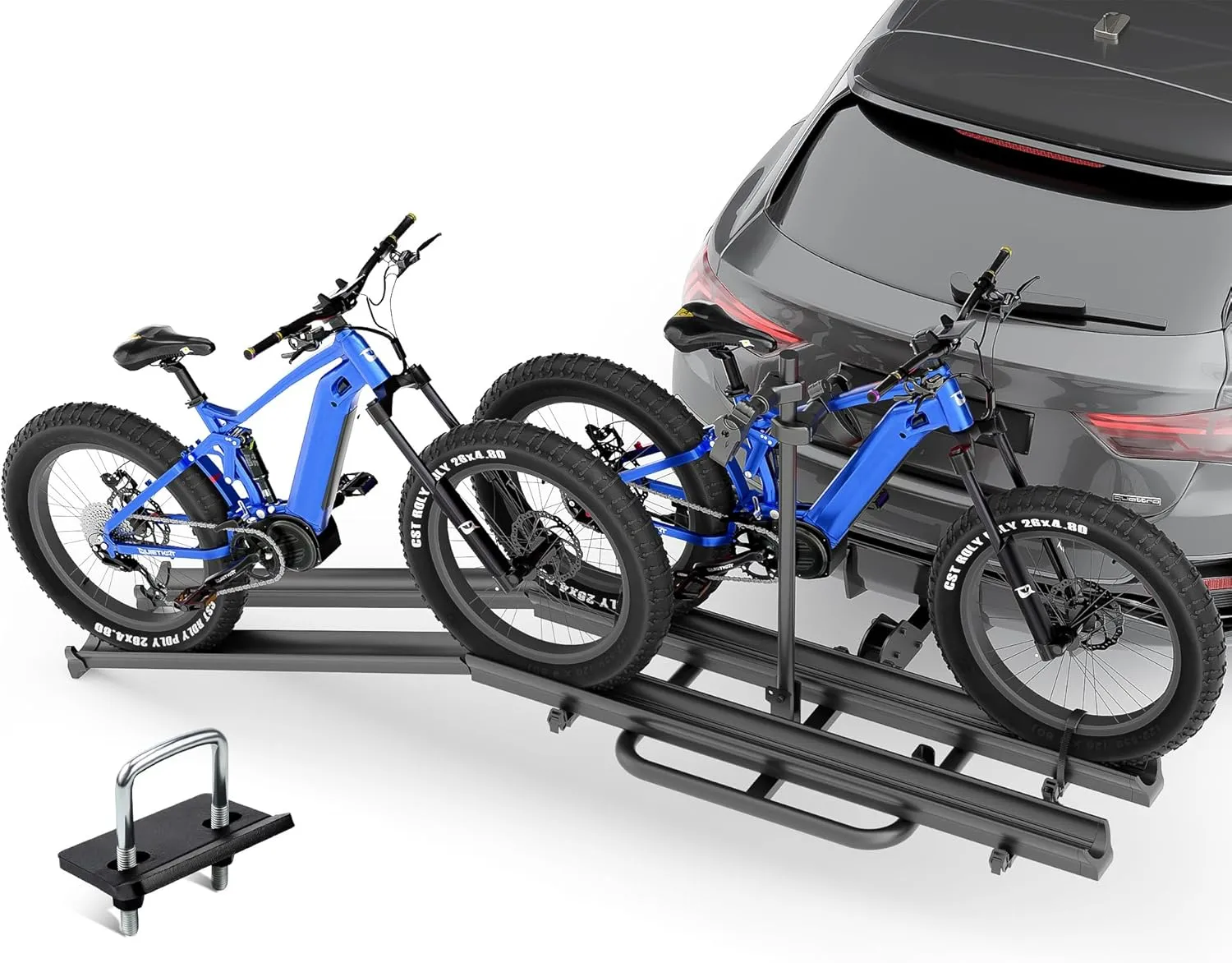 2 EBike Rack with Ramp, up to 4.4" Fat Tire Carrier, Foldable & Lockable Bike Racks Platform for Standard, 200 LBS Capacity Electric Bicycles Racks, Fits 2" Hitch for SUVs Cars Trucks Vans