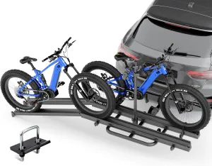 2 EBike Rack with Ramp, up to 4.4" Fat Tire Carrier, Foldable & Lockable Bike Racks Platform for Standard, 200 LBS Capacity Electric Bicycles Racks, Fits 2" Hitch for SUVs Cars Trucks Vans