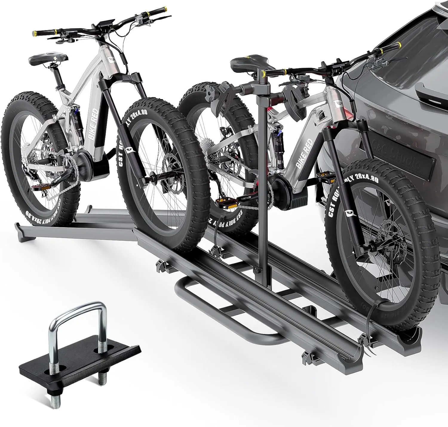 2 EBike Rack with Ramp, up to 4.8" Fat Tire Carrier, Lockable & Foldable Bike Racks, 200 LBS Capacity Electric Bicycles Racks Platform for Standard, Fits 2" Hitch for SUVs Cars Trucks Vans