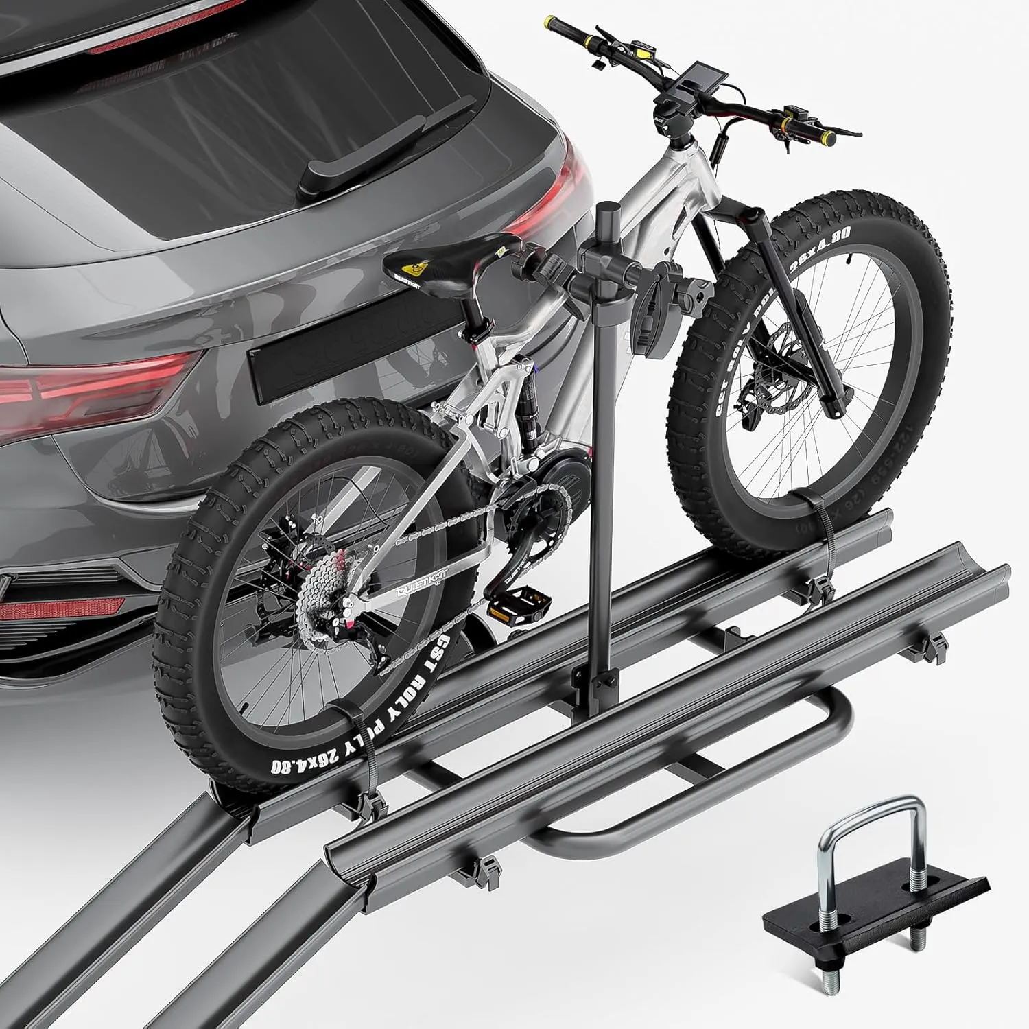 2 EBike Rack with Ramp, up to 5" Fat Tire Carrier, Foldable & Lockable Electric Bicycles Racks, 200 LBS Capacity Bike Racks Platform for Standard, Fits 2" Hitch for Trucks SUVs Cars Vans