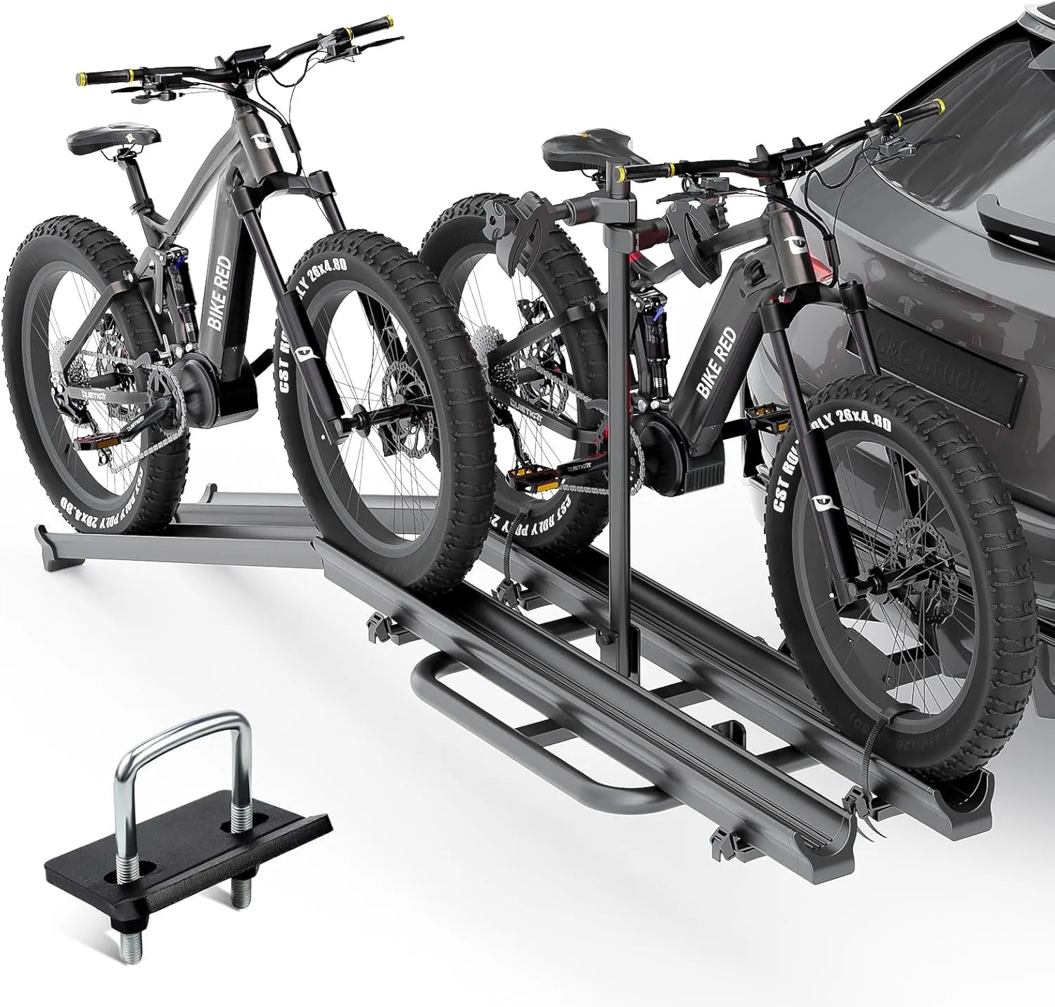 2 EBike Rack with Ramp, up to 5" Fat Tire Carrier, Lockable & Foldable Electric Bicycles Racks, 200 LBS Capacity Bike Racks Platform for Standard, Fits 2" Hitch for SUVs Cars Trucks Vans