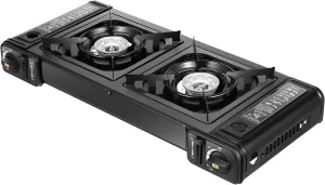 2-in-1 Camping Stove & Grill, Portable Butane Stove, Dual Burners, Adjustable Flame, Efficient Cooking, Perfect for Outdoor BBQs, Grilling, and Hiking Trips