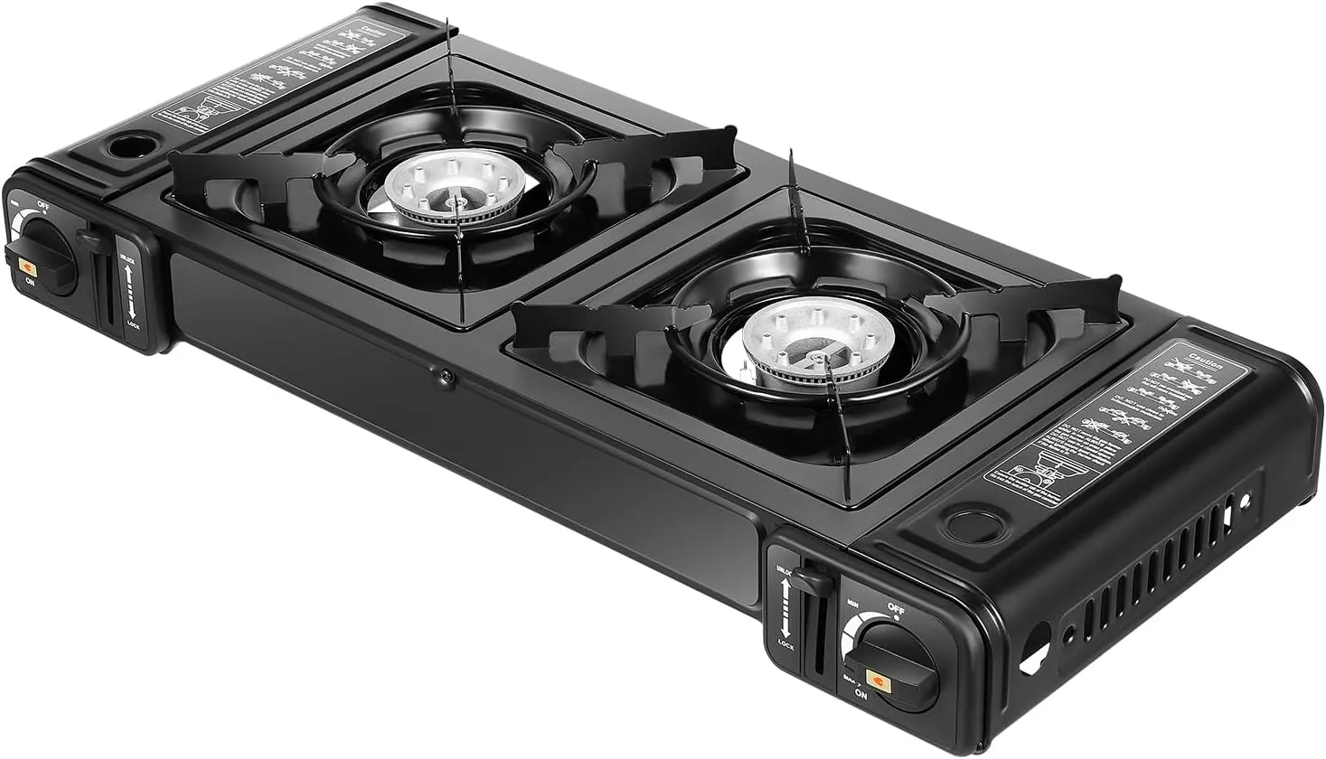 2-in-1 Camping Stove & Grill, Portable Butane Stove, Dual Burners, Adjustable Flame, Efficient Cooking, Perfect for Outdoor BBQs, Grilling, and Hiking Trips