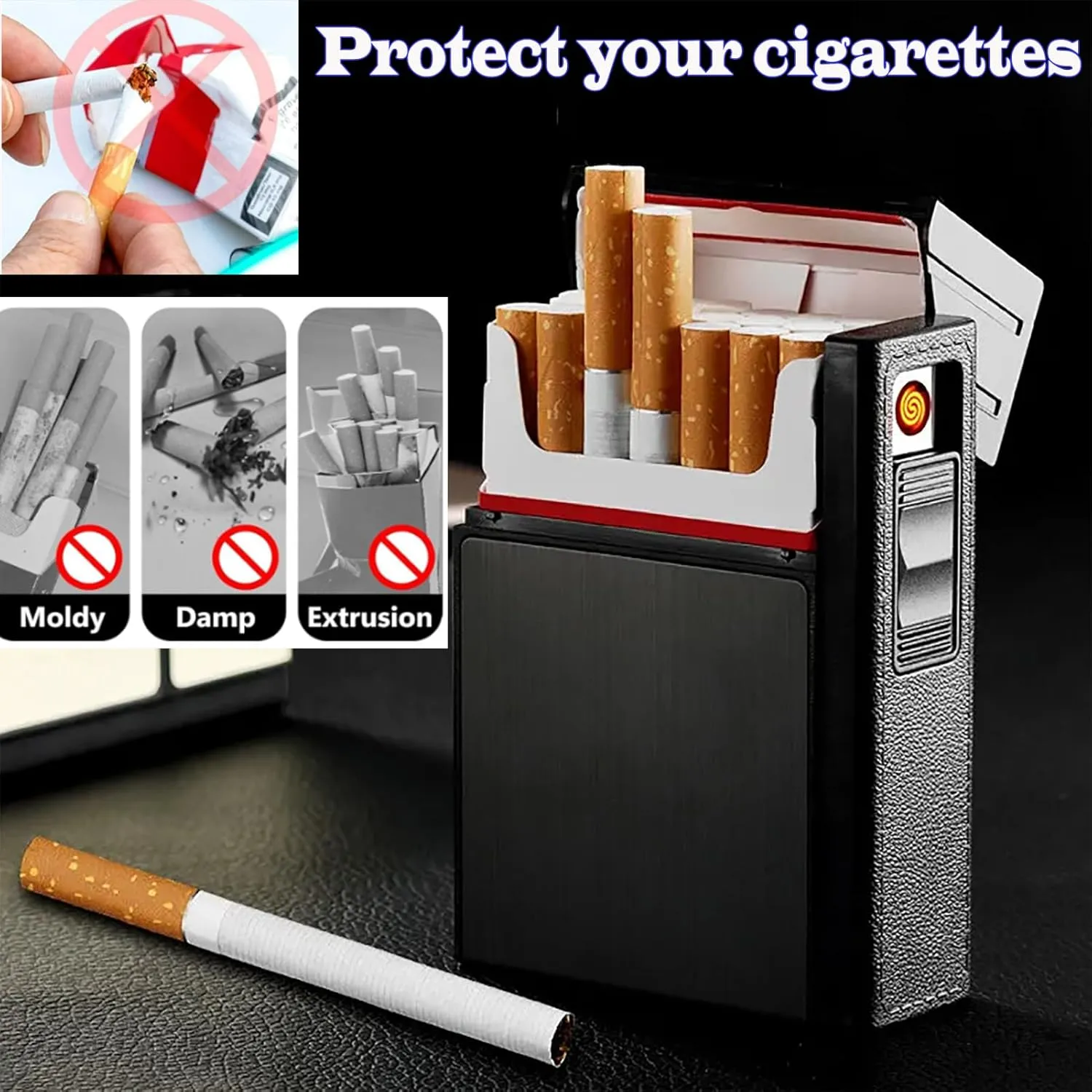 2-in-1 Cigarette Case - with USB Rechargeable Windproof Lighter | Holds 20pcs 84mm King Size Cigarettes | Metal, Flameless, Waterproof - Perfect for Daily Everyday Carry Use (Black)