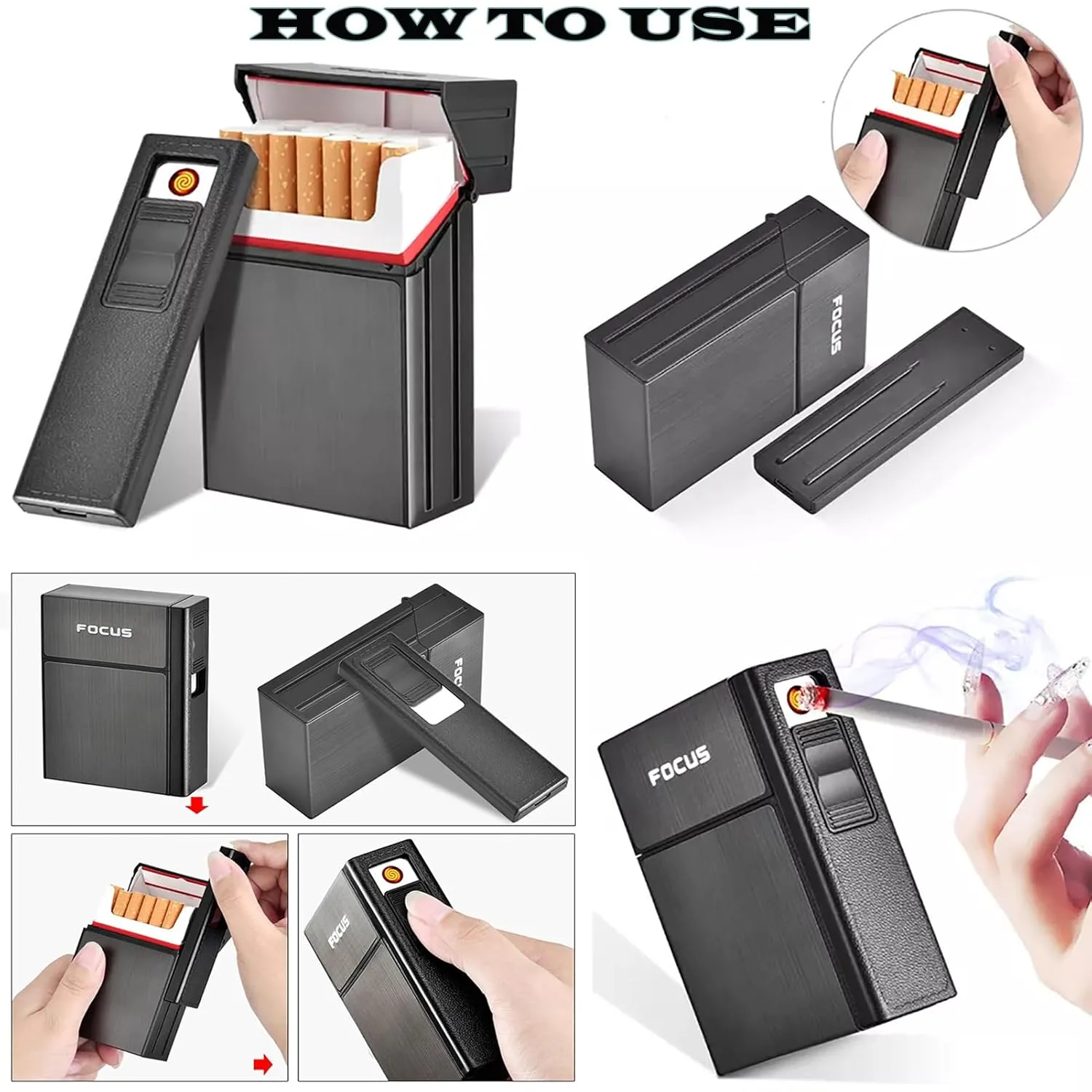 2-in-1 Cigarette Case - with USB Rechargeable Windproof Lighter | Holds 20pcs 84mm King Size Cigarettes | Metal, Flameless, Waterproof - Perfect for Daily Everyday Carry Use (Black)