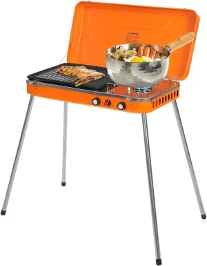 2-in-1 Gas Camping Grill and Stove, Outdoor Grill Stove with Windscreen, 2-Burner Camping Stove, Portable Propane Grill Burner with Dual Control Knobs, Detachable Legs, for Camping BBQ Picnic