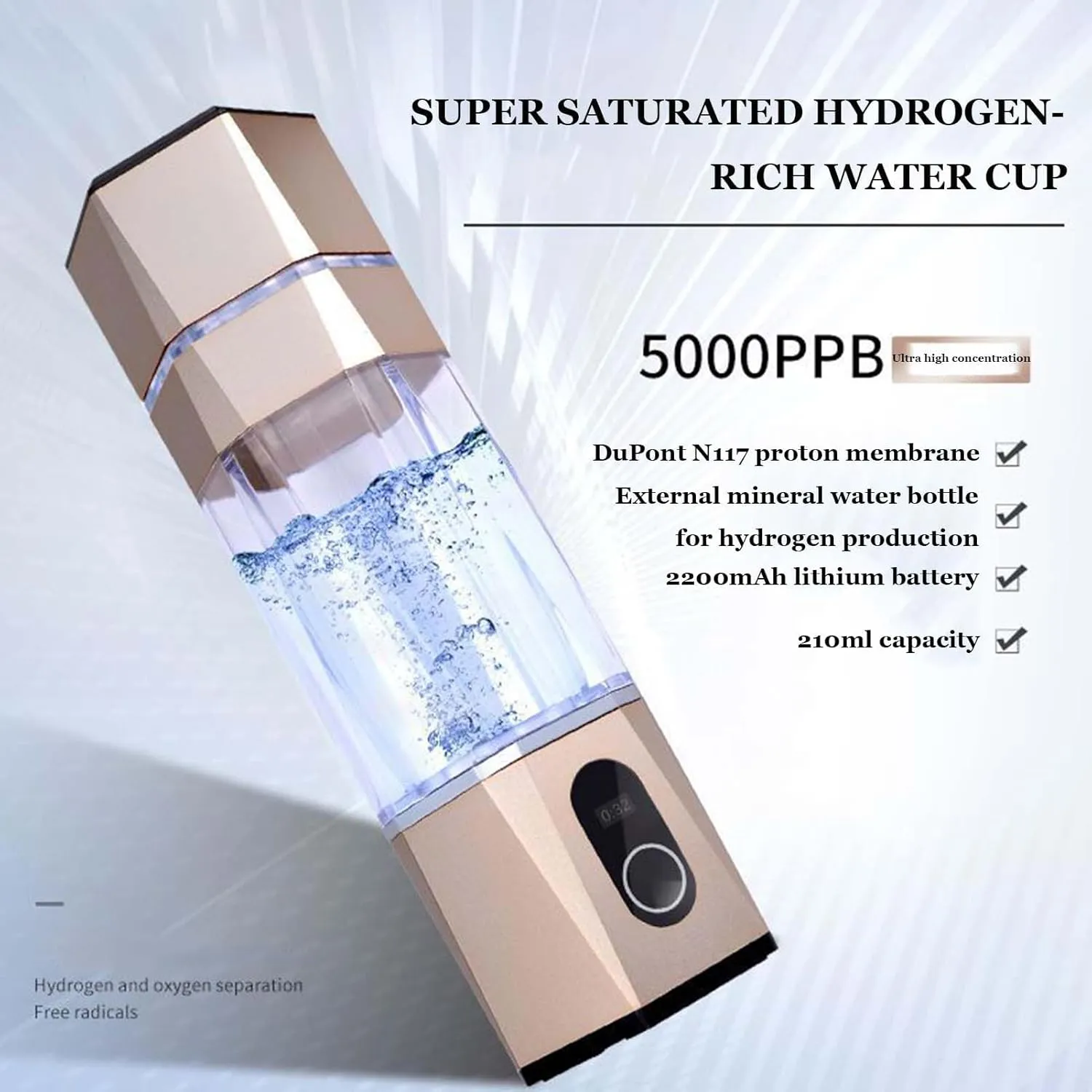 2-in-1 Portable Hydrogen Water Bottle Generator, Up to 5000PPB, 300ML Hydrogen Water Maker, Anti-Oxidation and Anti-Aging Hydrogen, for Home Travel