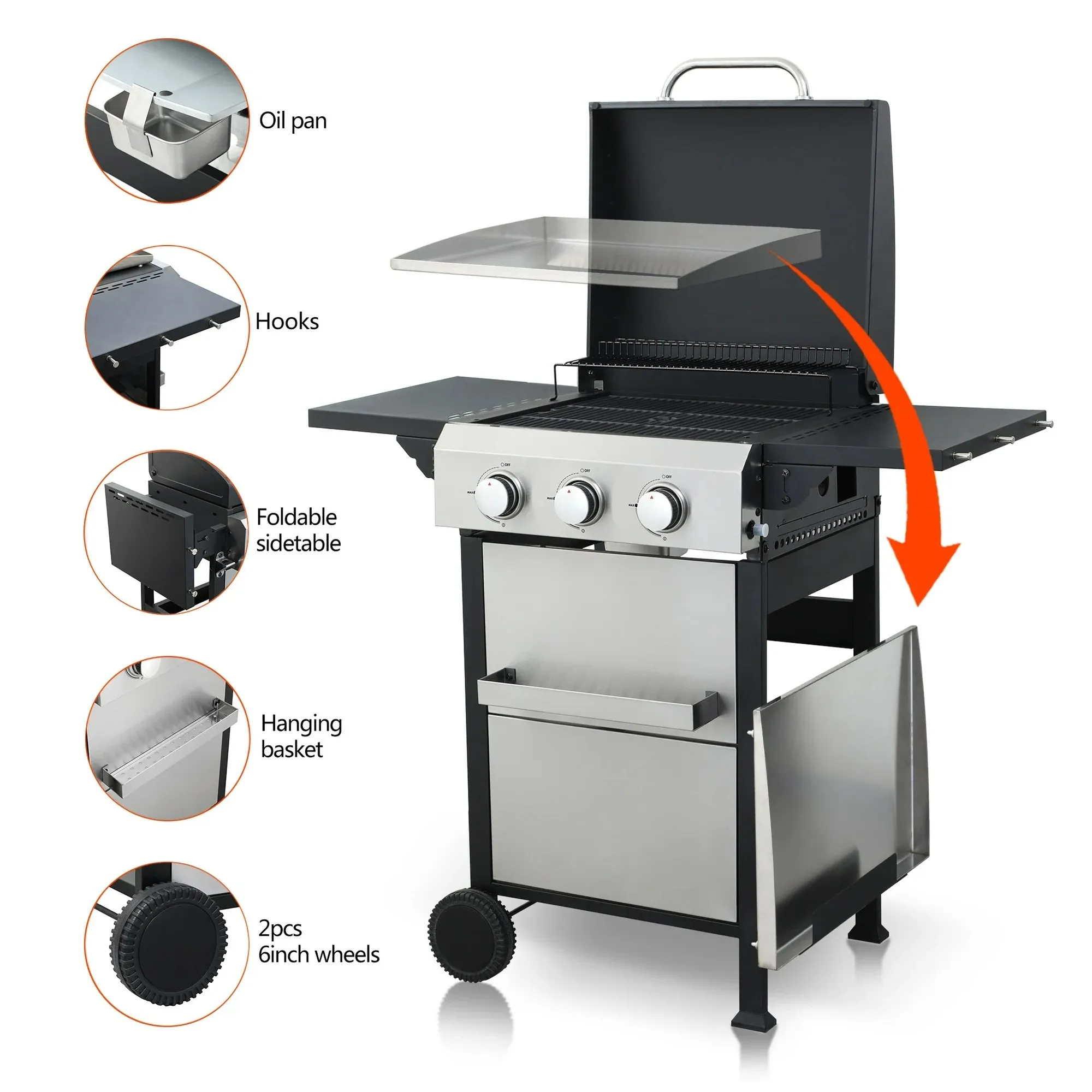 2 in 1 Propane Gas Grill and Griddle Combo, 3 Burner Griddle Grill Combo with Folding Side Tables & Hanging Basket, 36,900BTU Stainless Steel Propane Grill for Outdoor Cooking