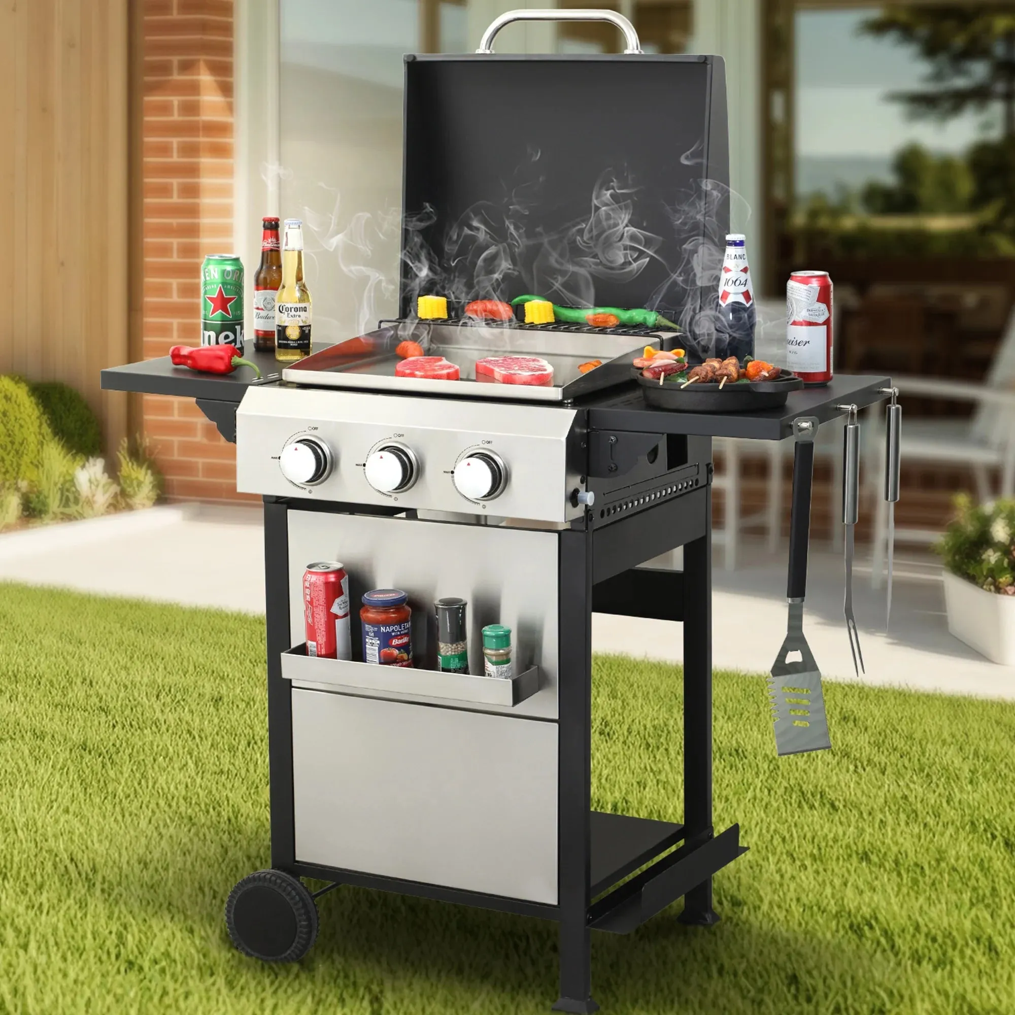 2 in 1 Propane Gas Grill and Griddle Combo, 3 Burner Griddle Grill Combo with Folding Side Tables & Hanging Basket, 36,900BTU Stainless Steel Propane Grill for Outdoor Cooking