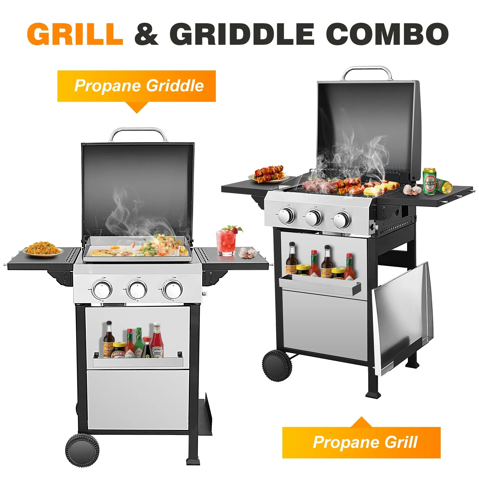 2 in 1 Propane Gas Grill and Griddle Combo, 3 Burner Griddle Grill Combo with Folding Side Tables & Hanging Basket, 36,900BTU Stainless Steel Propane Grill for Outdoor Cooking