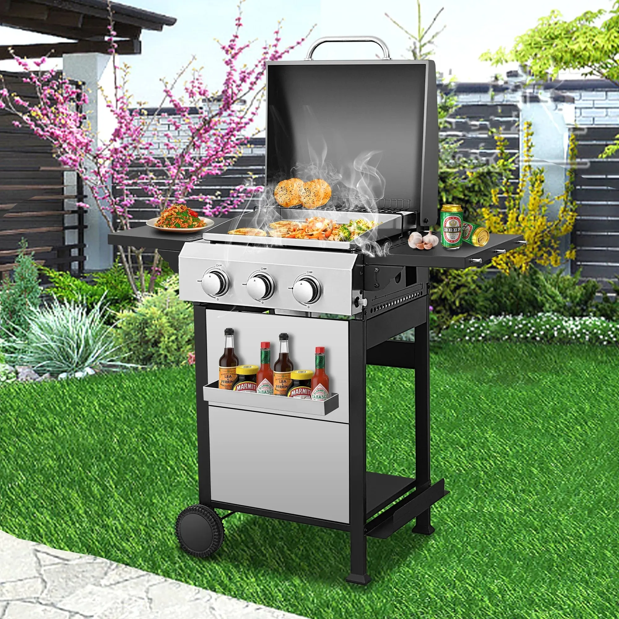 2 in 1 Propane Gas Grill and Griddle Combo, 3 Burner Griddle Grill Combo with Folding Side Tables & Hanging Basket, 36,900BTU Stainless Steel Propane Grill for Outdoor Cooking