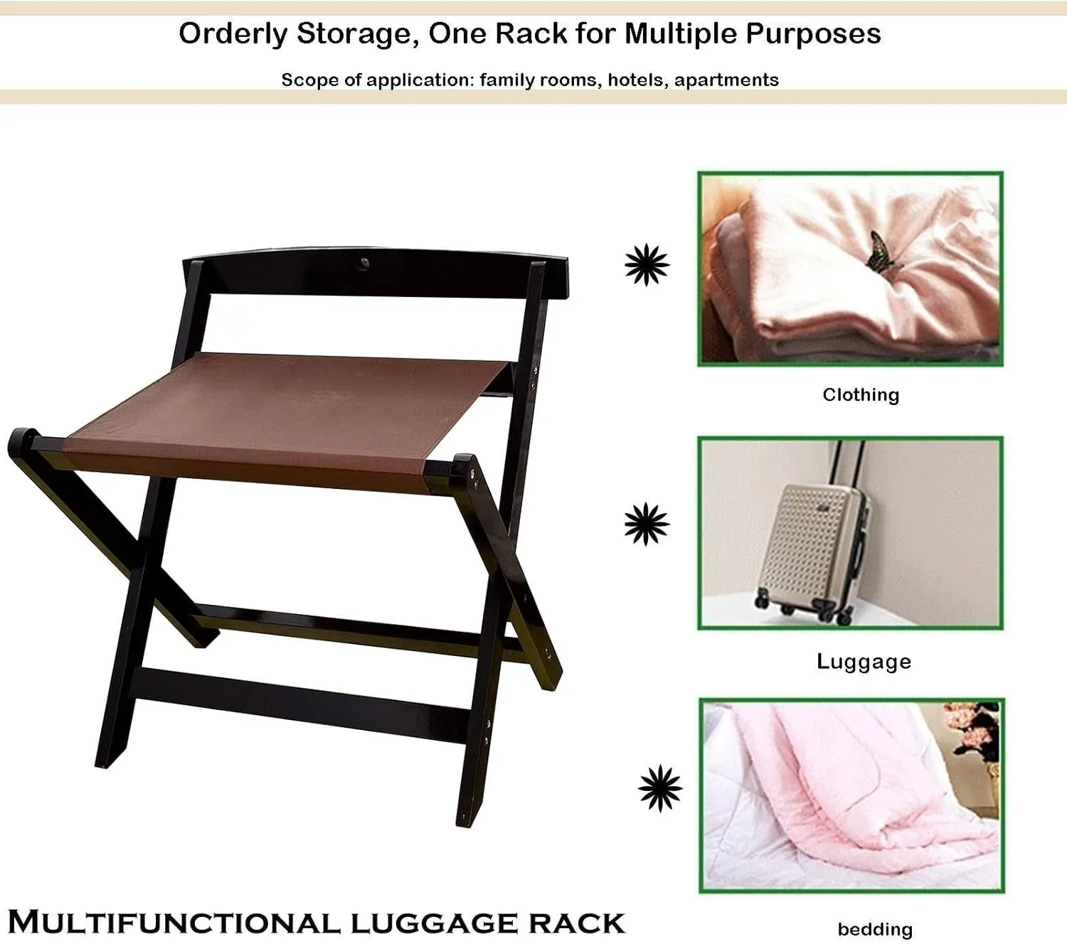 2 Pack Guest Rooms Luggage Rack, Folding Hotel Luggage Rack, with Cloth Solid Wood Travel Bag Rack, for Home Bedroom Guest Room, 60X50X65cm (Color : Black)