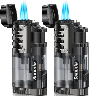 2 Pack of Torch Lighter, Triple Jet Flames, Visible Gas Tank, Butane Gas Refillable, Windproof Pocket Lighters for Candle, Men’s Gift (Gas not Included)