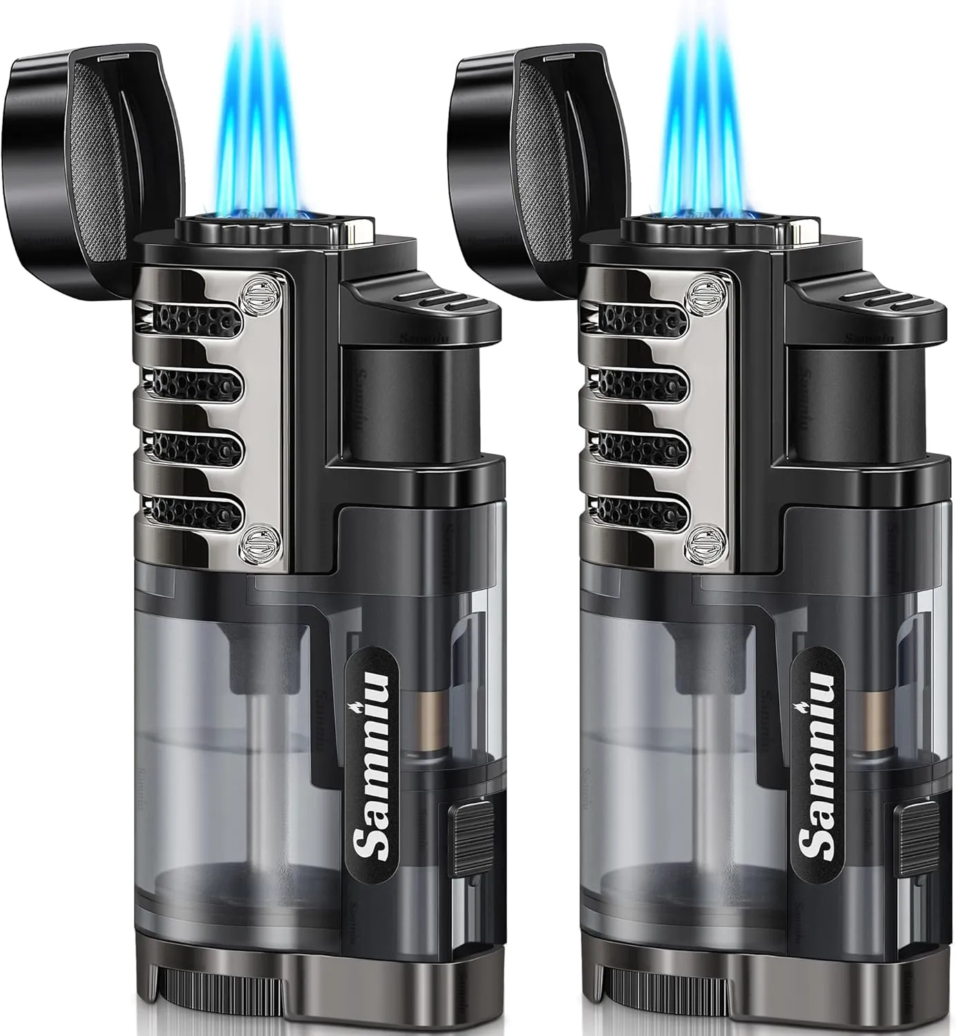 2 Pack of Torch Lighter, Triple Jet Flames, Visible Gas Tank, Butane Gas Refillable, Windproof Pocket Lighters for Candle, Men’s Gift (Gas not Included)